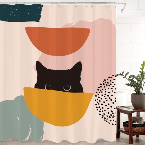 Yookeb Abstract Cat Simple Bathroom Shower Curtain 60W by 71H Inch Minimalist Funny Cute Geometric Colorful Polyester 12 Plastic Hooks Waterproof Decor