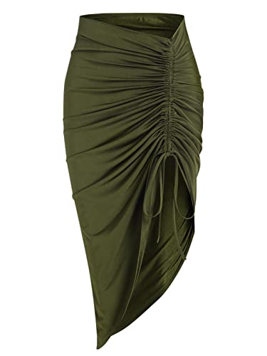 ZAFUL Women's Boho Skirt Asymmetrical Skirts Tied Floral Paisley Printed High Waist Ruched Skirts for Women - Ba-dark Green - Medium