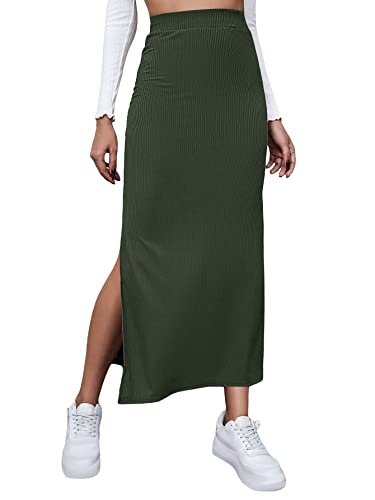GORGLITTER Women's Split Ribbed Knit Bodycon Maxi Skirt High Waisted Side Slit Pencil Long Skirts - Medium - Army Green