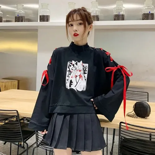 Cartoon Fox Print Lacing Short Sweatshirt