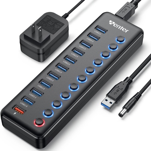 Powered USB Hub 3.0, Wenter 11-Port USB Splitter Hub (10 Faster Data Transfer Ports+ 1 Smart Charging Port) with Individual LED On/Off Switches, USB Hub 3.0 Powered with Power Adapter for Mac, PC