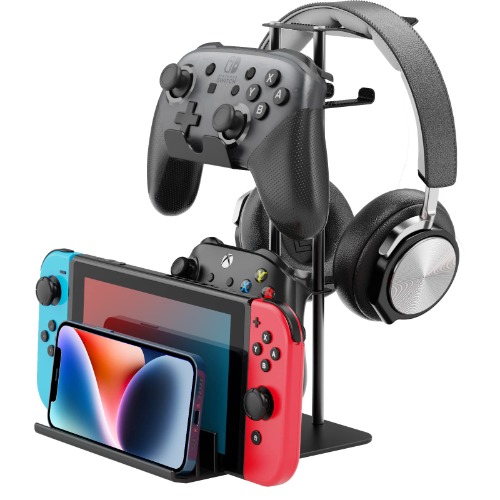 KDD Headphone Stand Game Controller Holder for Desk - Game pad Storage Organizer with Solid Base and Aluminum Supporting Bar - Compatible for Headphone, Switch, Controller, Cell Phone(Black)
