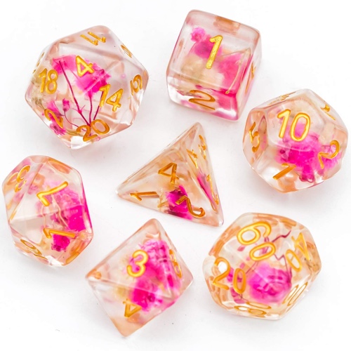 Cusdie 7-Die DND Dice, Polyhedral Dice Set Filled with Flowers, for Role Playing Game Dungeons and Dragons D&D Dice MTG Pathfinder (Rose/White w/Golden Numbers) - Rose/White W/Golden Numbers