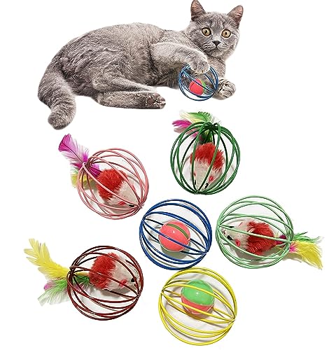 QUVOVID Cat Toys 6 Balls, Metal Cage Balls with Mice and Bells Inside, Best Cat Toys for Indoor Cats, Increase Your Interaction with Cats and Bring Healthy Life to Cats - 6 Packs