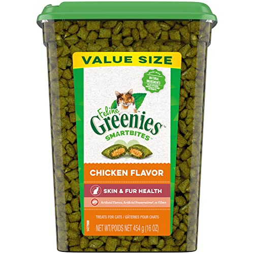 FELINE GREENIES SMARTBITES Skin & Fur Crunchy and Soft Textured Adult Natural Cat Treats, Chicken Flavor, 16 oz. Tub - Adult - Chicken - 1 Pound (Pack of 1)