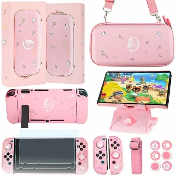 GUTIAL Accessories Kit for Nintendo Switch - Pink Accessories Bundle Girly Style Pack for Girls with Case, Screen Protector, Stand, Thumb Grips