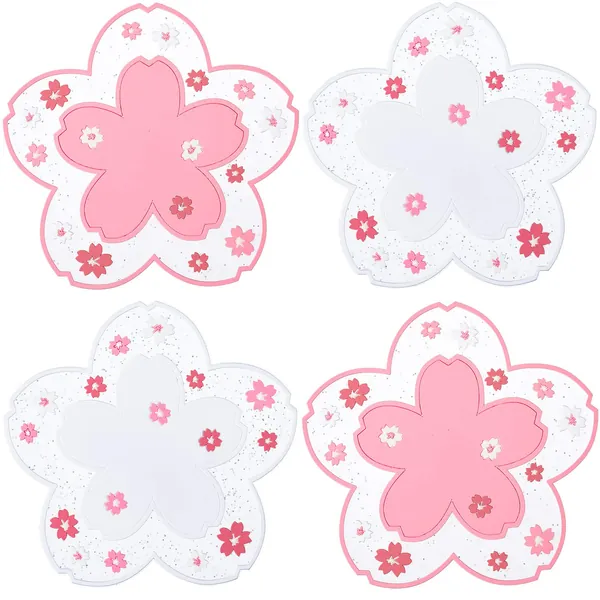Sakura PVC Coaster Cherry Blossom Cup Coaster Anti-Skid Insulation Coaster for Beer, Coffee, Tableware Tea (4, 4.5 Inch) - 4 4.5 Inch