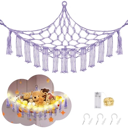 CERETIA Stuffed Animal Hammock with LED Light, Toy Hammock for Stuffed Animals Storage for Kids Room Decor, Stuffed Animal Hammock Corner, Purple - Large-(Package of 1) - Purple