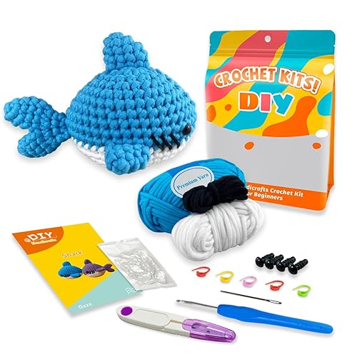 Jeslon Crochet Kits for Beginners - Knitting Kit Easy Peasy Yarn with Step-by-Step Video Tutorials - Amigurumi Stuffed Animals Gift for Kids and Adults - Blue Shark - Shark