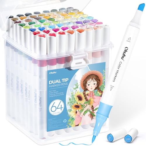 Ohuhu 64 Marker Pens, Water-Based Art Markers, 64 Dual Tip Art Pens for Adult Anime Manga Design, Odorless and Washable Colouring Pens with Storage Case, Christmas