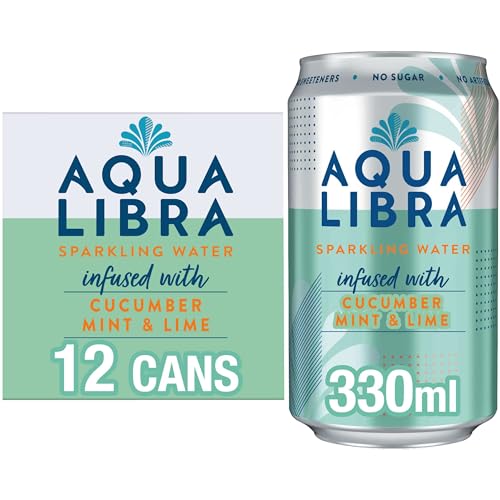 AQUA Libra Sparkling Water - Natural Flavour - No Sugar - Low Calorie - Refreshing - Cucumber, Mint and Lime - 330 ml - Pack of 12 cans - Cucumber, Mint and Lime - 330 ml (Pack of 12)