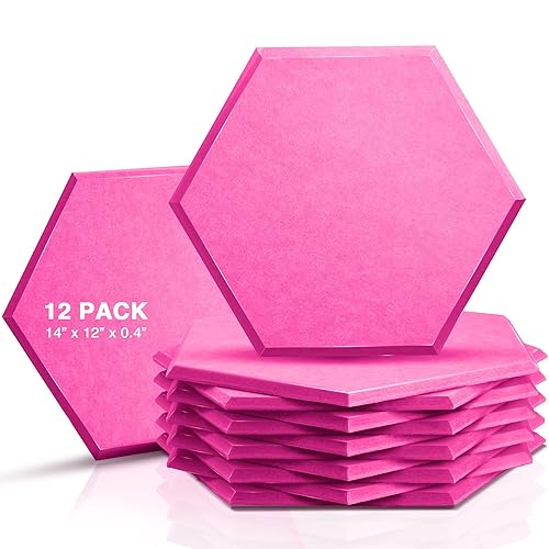 Sonic Acoustics 12 Pack Hexagon Acoustic Panels, 14" X 12" X 0.4" High Density Sound Absorbing Panels Sound Proof Insulation Beveled Edge Studio Treatment Tiles - No-adhesive - Pink