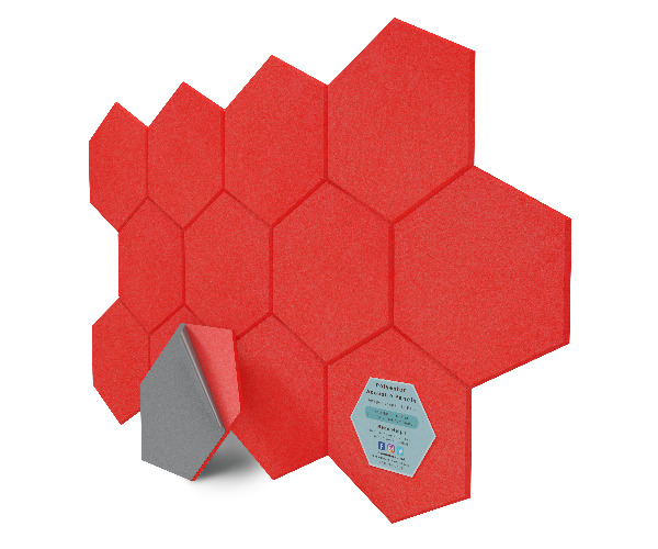 Hexagon Polyester Acoustic Panels - 12 Pack | Eco-Friendly Sound Absorption | Easy Peel & Stick Installation - Red