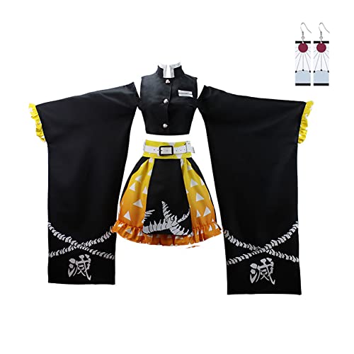 Juejuezi New Zenitsu Tanjirou Cosplay Costume Anime Kimono Halloween Off Shoulder Skirt Shinobu Outfit With Earings - Large - Yellow