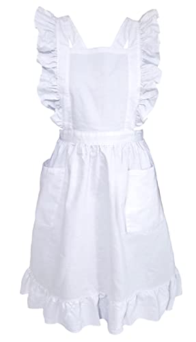 LilMents Long Maxi Cotton Ruffle Apron with Pockets, Small to Plus Size Ladies - White