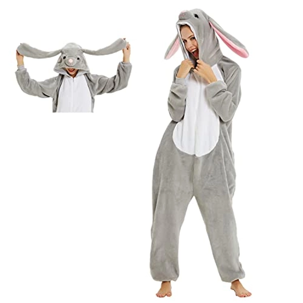 Nousion Licorne Unisex Adult Onesies Pajamas, Cosplay Christmas Sleepwear Onesies Outfit - Grey Rabbit - Large
