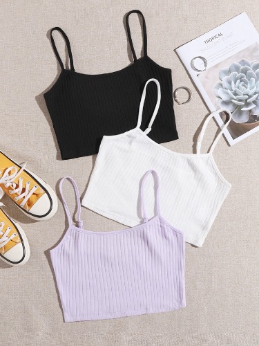 3 Pack | Rib-Knit Crop Cami Top, 100% Cotton, Breathable Classic Fit