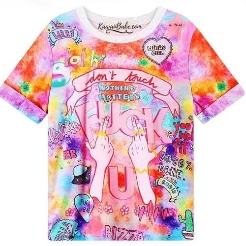 Colorful Harajuku Shirt with Risque Phrases for Kawaii Aesthetic - Rainbow Fu*k