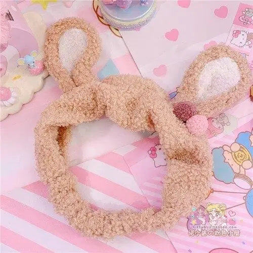 Fluffy Bunny-Eared Headband with Cute Pom Poms - Light Brown