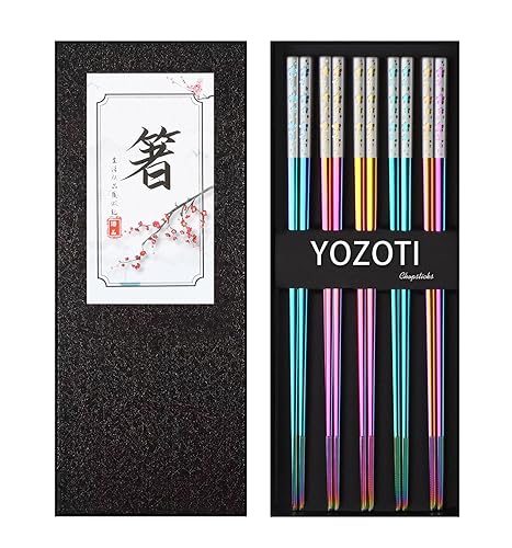 YOZOTI Stainless Steel Rainbow Color Chopsticks, Reusable Chopsticks, 5 Pairs Dishwasher Safe Metal Chopsticks, Easy to Use, Square Lightweight Chop Sticks - Gift Set(Dazzling) - Dazzling