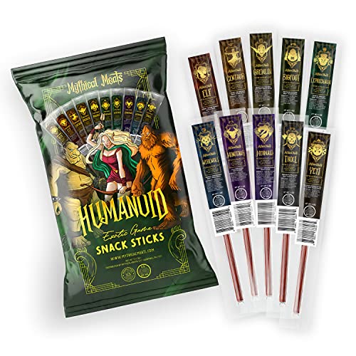 Mythical Meats Humanoid Exotic Flavor Sampler Pack – 10 Exotic Game and Beef Snack Sticks – Dried & Dehydrated Meats Seasoned to Perfection – High Protein Snacks