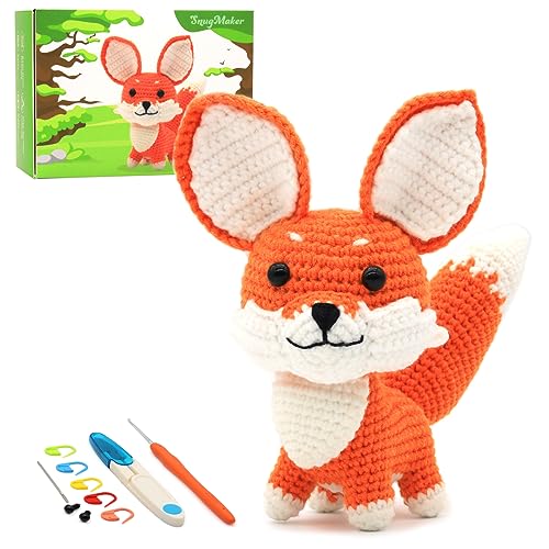 SnugMaker Crochet Kit for Beginners - Crochet Starter Kit with Step-by-Step Video Tutorials Crochet Animal Kit for Adults Kids - Fox - Orange Fox