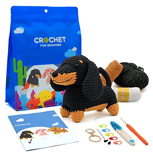 Nikolle Crochet Kit for Beginners with Step-by-Step Video Tutorials Crochet Animal Kit Crochet Starter Kits for Adults Kids - Dachshund(Black) - Black - Dog