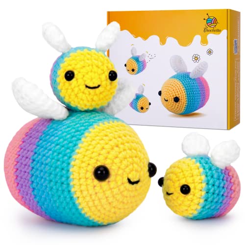 Crochetta Crochet Kit for Beginners - Starter Kit with Video Tutorials for Adults & Kids, Knitting Kit with 3 Bee Family (40%+ Yarn) - Bee Family