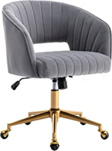 Home Office Chair Swivel Velvet Desk Chair Accent Armchair Upholstered Modern Tufted Chairs with Gold Base for Girls Women Ergonomic Study Seat Computer Task Stools for Living Room(Gray) - Grey