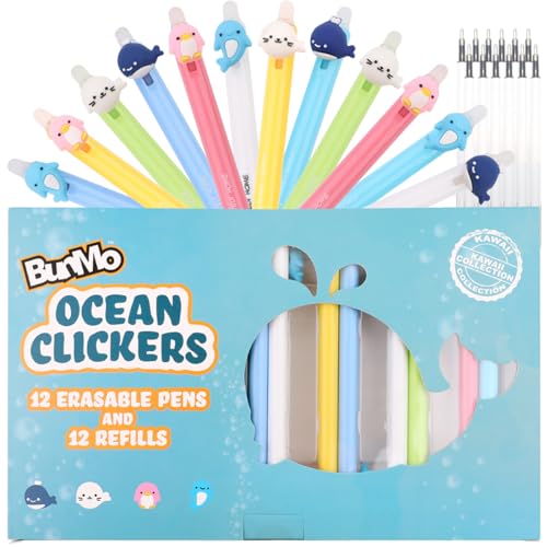 BUNMO Erasable Cute Pens | 12 Fun Kawaii Pens & 12 Ink Refills | Christmas gifts for 6 7 8 9 10 year old girl gifts | Sister Gifts | Stocking Stuffers for Girls & Boys - 12 Pack Erasable