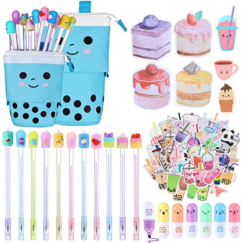 228 Pcs Kawaii Stationary Set Include Telescopic Boba Pencil Pouch Case Bag Gel Ink Pen Sticky Note Bubble Tea Sticker Pill Highlighter Stationary Cute School Supplies for Christmas (Classic) - Classic