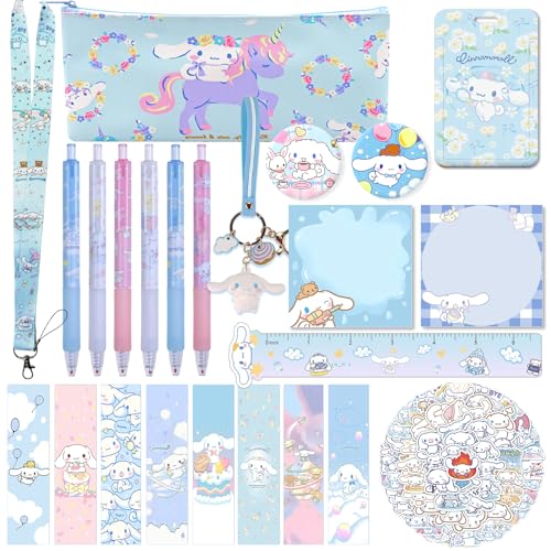 Xaluon Cinnamoroll Stuff Stickers Gift Supplies Including 63pcs Cinnamoroll Stickers, Cute Lanyard Cinnamoroll Keychain, Special Button Pins, Sticky Notes, Coin Bag, Bookmarks, Card Holder
