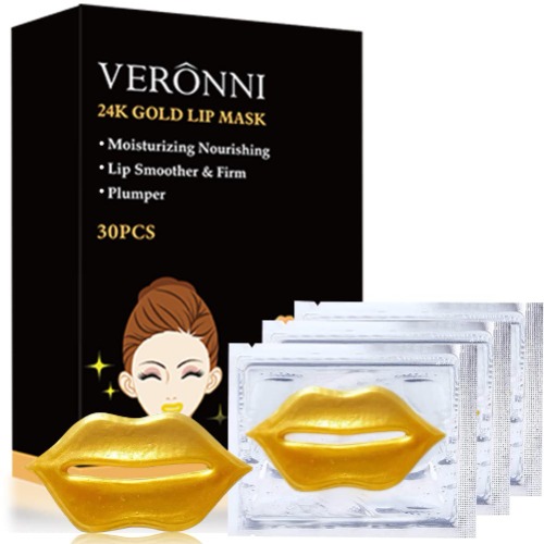VERONNI 24K Golden Crystal Lip Masks 30 Pieces Hydrating Lip Plumper Mask Nourishing Lip Care Mask (24K Gold)