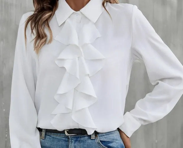 SHEIN Clasi Ruffle Trim Button Up Shirt | SHEIN USA