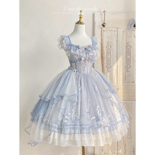 Blue Hime Basque Waist Jumper Skirt with Lily of the Valley Embroidery Overlay