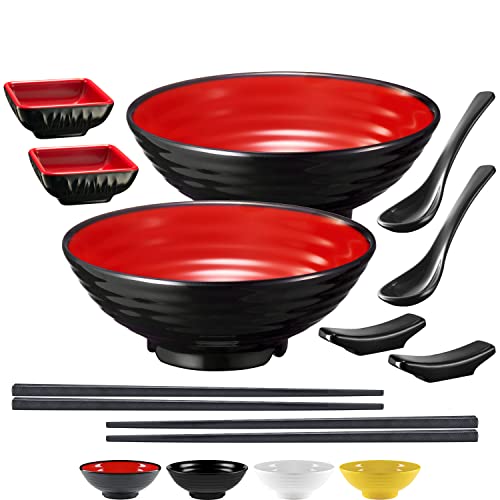 Unbreakable Ramen Bowl Set with Chopsticks and Spoon: 2 large Japanese Style Melamine Ramen Bowls, Dipping Bowls and Chopstick Stands for Asian Pho Soup Thai Miso Udon Wonton (2 Bowl Set, Red-Black) - 2 Bowl Set - Red & Black