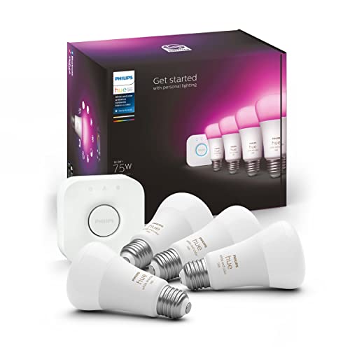 Philips Hue Smart Light Starter Kit - Includes (1) Bridge and (4) 75W A19, E26 LED Smart White and Color Ambiance Bulbs - Control with App - Compatible with Alexa, Google Assistant, and Apple HomeKit - White and Color Ambiance (16 Million Colors) - 4 Count (Pack of 1) - Medium Lumen (75W) - Kit