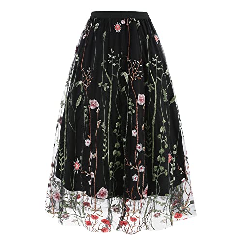 Floral Embroidered Tulle Midi Skirt 