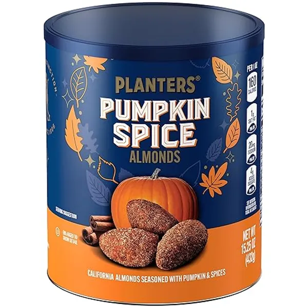 PLANTERS Fall Edition Pumpkin Spice Almonds, Pumpkin Spice Snacks, Cooking & Baking Nuts & Seeds, Flavored Almonds, Seasonal Nuts, Fall Party Snacks, Plant-Based Protein, 15.25 oz Canister