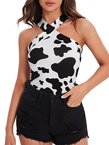 Verdusa Women's Casual Crisscross Sleeveless Form Fitting Tank Halter Top - Small - Cow Print