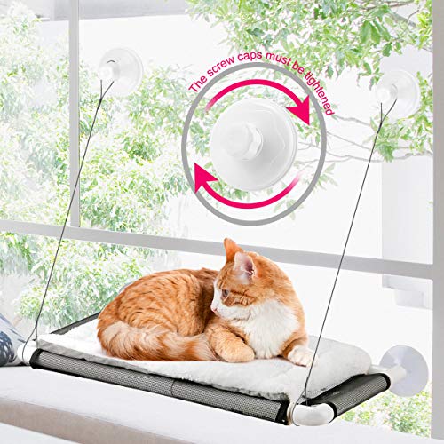 Cat Window Perch, Cat Hammock Window Seat w/Free Fleece Blanket 2023 Latest Screw Suction Cups Extra Large Sturdy Cat Bed Cat Resting Seat Hold Two Large Cats White Indoors (One Extra Suction Cup) - white
