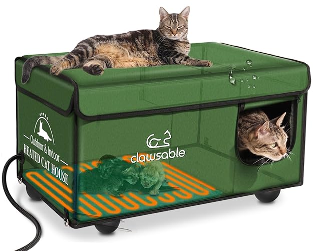 Clawsable Indestructible Heated Cat House for Outdoor Cats in Winter, Extremely Waterproof, Fully Insulated Outside Feral Cat House Shelter for Stray Barn Cat (Bush Green, L-16"x25"x15") - Bush Green - L-16"x25"x15"