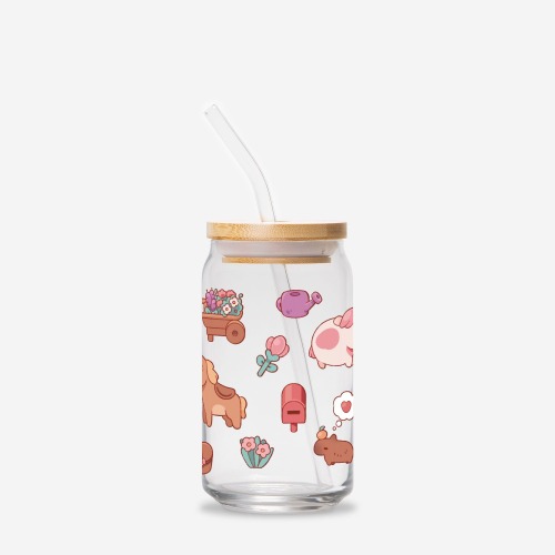 Fields of Mistria Pattern | Glass Can 16oz | Cozy Games - Add Straw + Lid
