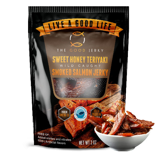 The Good Jerky Sweet Honey Teriyaki - Wild Caught Smoked Salmon Jerky - Single Bag - Protein & Omega-3 Rich Fish - 100% Sustainable Source, Healthy Smoked Seafood Snacks, No Gluten or MSG, Non-GMO - 