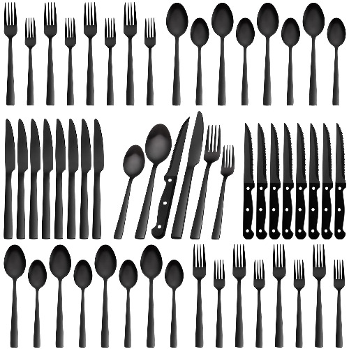 48-Piece Black Silverware Set with Steak Knives for 8, CEKEE Stainless Steel Black Flatware Set, Tableware Cutlery Set, Kitchen Utensil Sets for Home Hotel, Mirror Polished, Hand Wash Recommended - Black