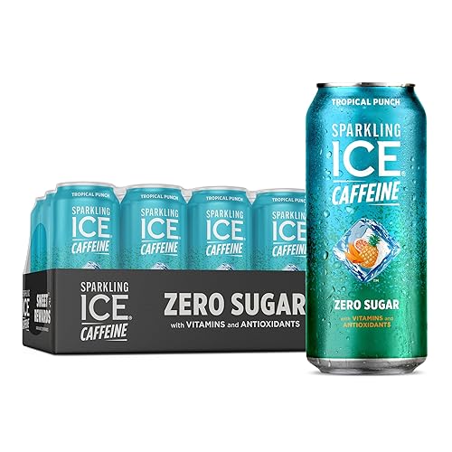 Sparkling Ice +Caffeine Tropical Punch Sparkling Water with Caffeine, Zero Sugar, with Antioxidants and Vitamins, 16 fl oz Cans (Pack of 12) - Tropical Punch