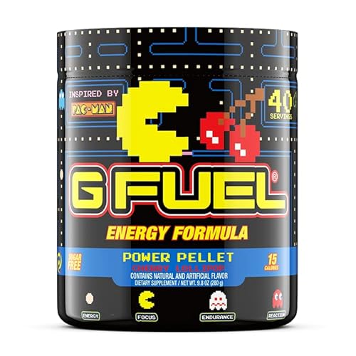 G Fuel Pac-Man Energy Powder, Sugar Free, Clean Caffeine Focus Supplement, Water Mix, Cherry Lollipop Flavor, Focus Amino, Vitamin + Antioxidants Blend, 9.8 oz (40 Servings) - Cherry Lollipop