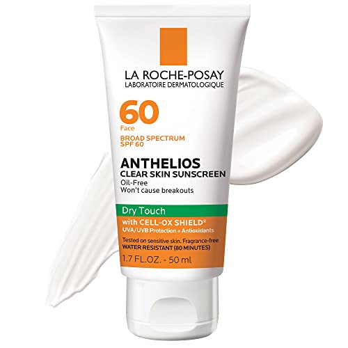 La Roche-Posay Anthelios Clear Skin Sunscreen Dry Touch SPF 60 | Oil Free Sunscreen For Face | Oil Absorbing | Broad Spectrum SPF + Antioxidants | Non-Greasy | Oxybenzone Free | Travel Size Sunscreen - 1.7 Fl Oz (Pack of 1)