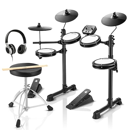 Donner DED-80 Electric Drum Kit, Electronic Drum Sets for Beginner with 4 Quiet Mesh Drum Pads, 2 Switch Pedal, 180+ Sounds, Throne, On-Ear Headphones, Sticks, and Melodics Lessons Included Black - DED-80