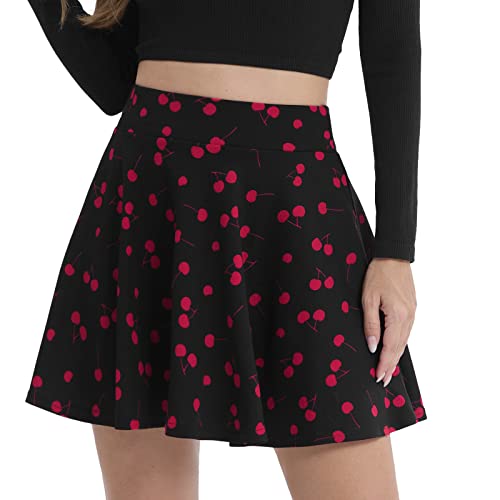 DJT FASHION Women's Casual Stretchy Flared Pleated Mini Skater Skirt with Shorts - Small - Cherry Print